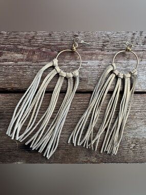 Fringe Hoop Earrings in Metallic Taupe - Women Jewelry